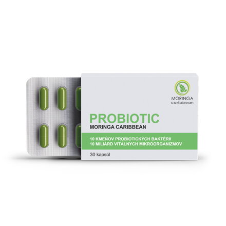 100 % prírodné probiotikum PROBIOTIC Moringa Caribbean je komplexom 10 kmeňov bifidobaktérií a laktobacilov - vitálnych mikroorganizmov a čistého prášku Moringa Caribbean v BIO kvalite 