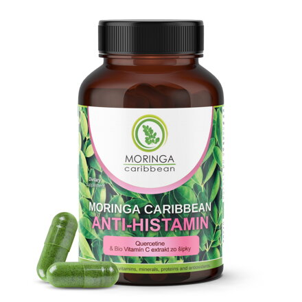 Pure powder from dried leaves of Moringa Caribbean for all persons sensitive to histamine intolerance enriched with Quercetin and BIO Vitamin C extract from Moringa Caribbean Anti-Histamine